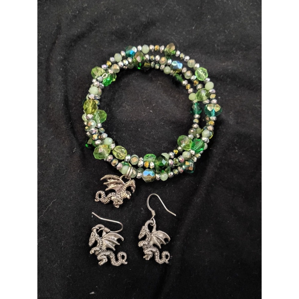 Silver Tone Dragon Earrings + Beaded Bracelet Set Green